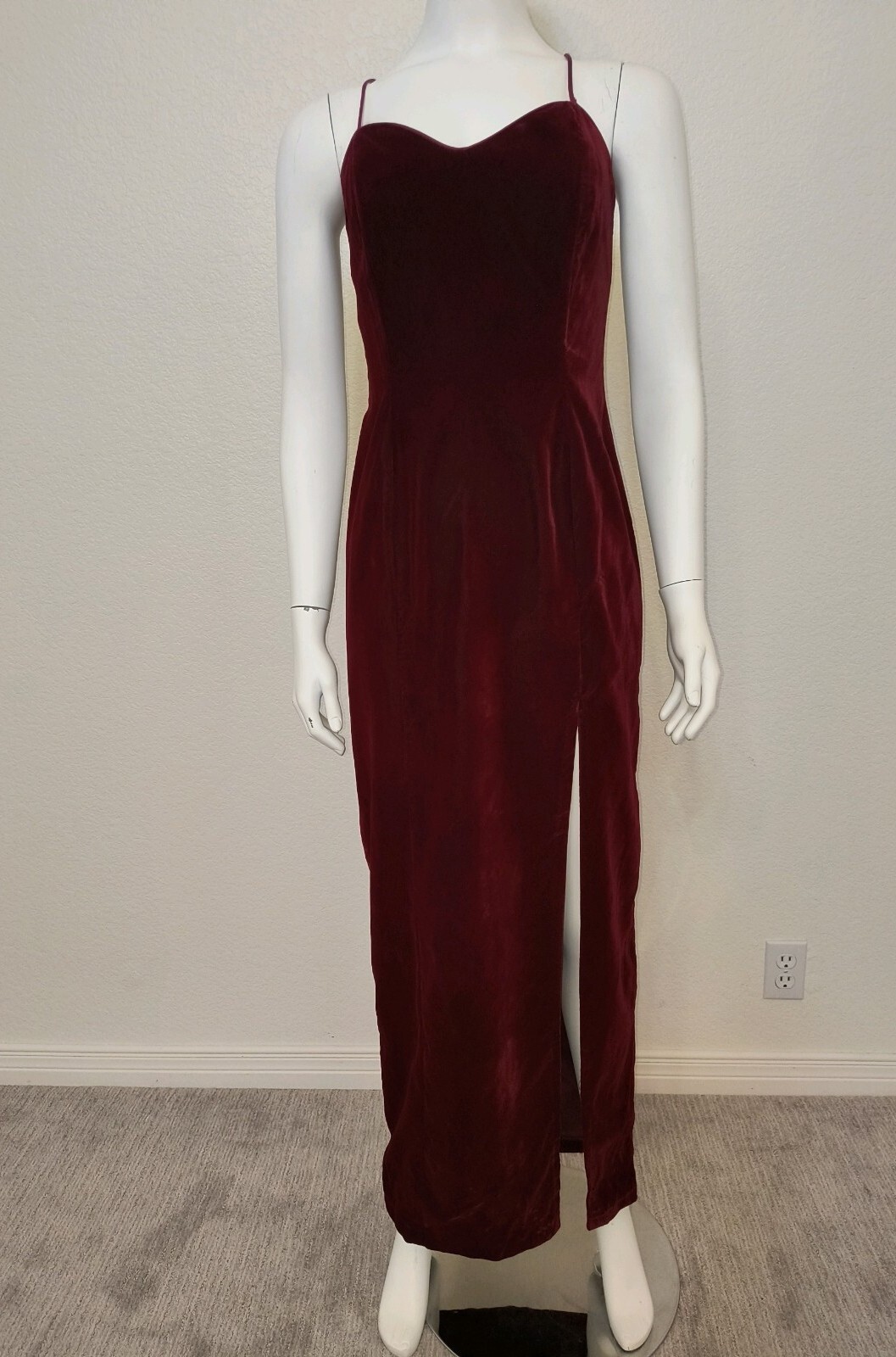 1990s L.A. GLO Burgundy Velvet Long Cabaret Gown w/ Leg Slit, Sz 9-10