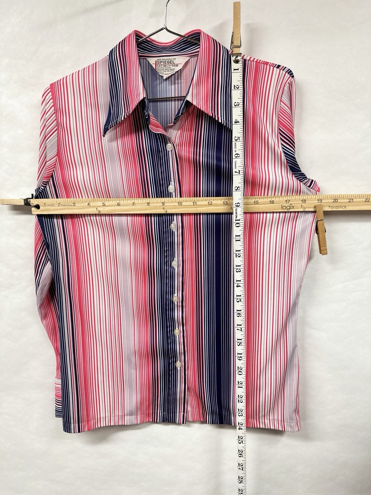 Vintage 70s Barcode Stripe Polyester Button Up Blouse Red Blue Spiegel M / L