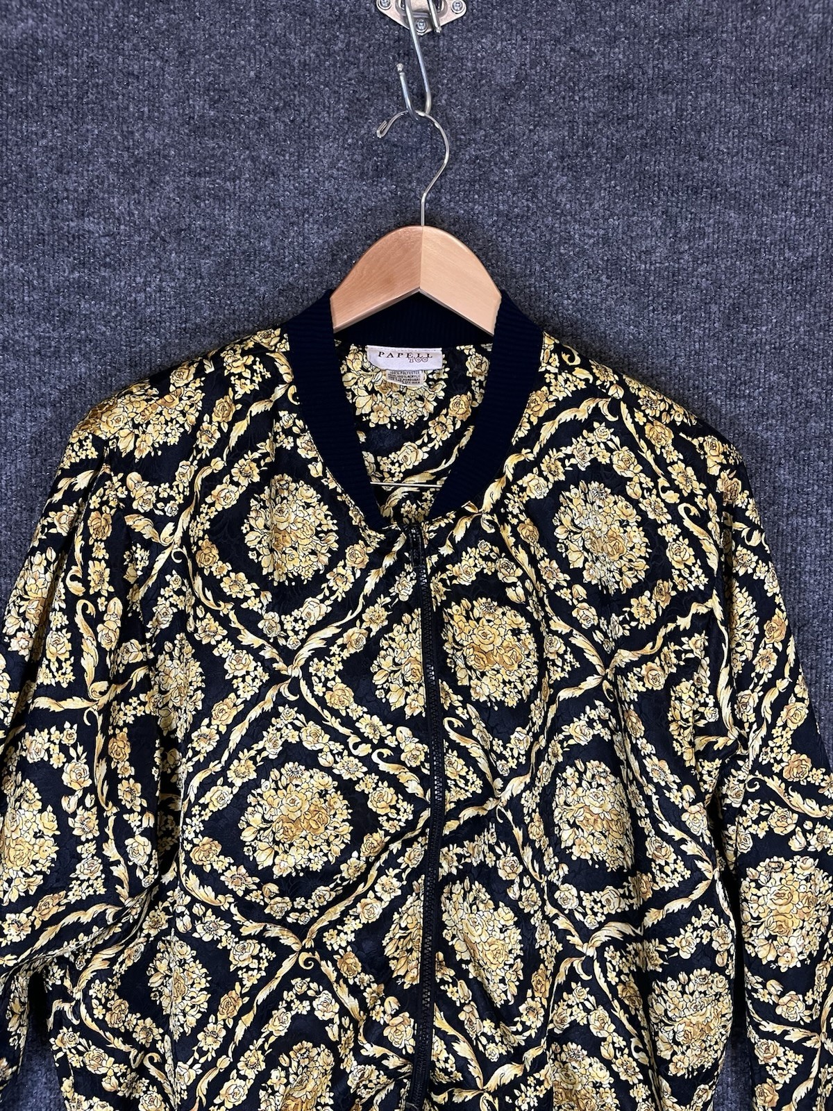 Vintage 80s 90s Papell Too Baroque Gold Floral Bomber Jacket Padded Shoulders