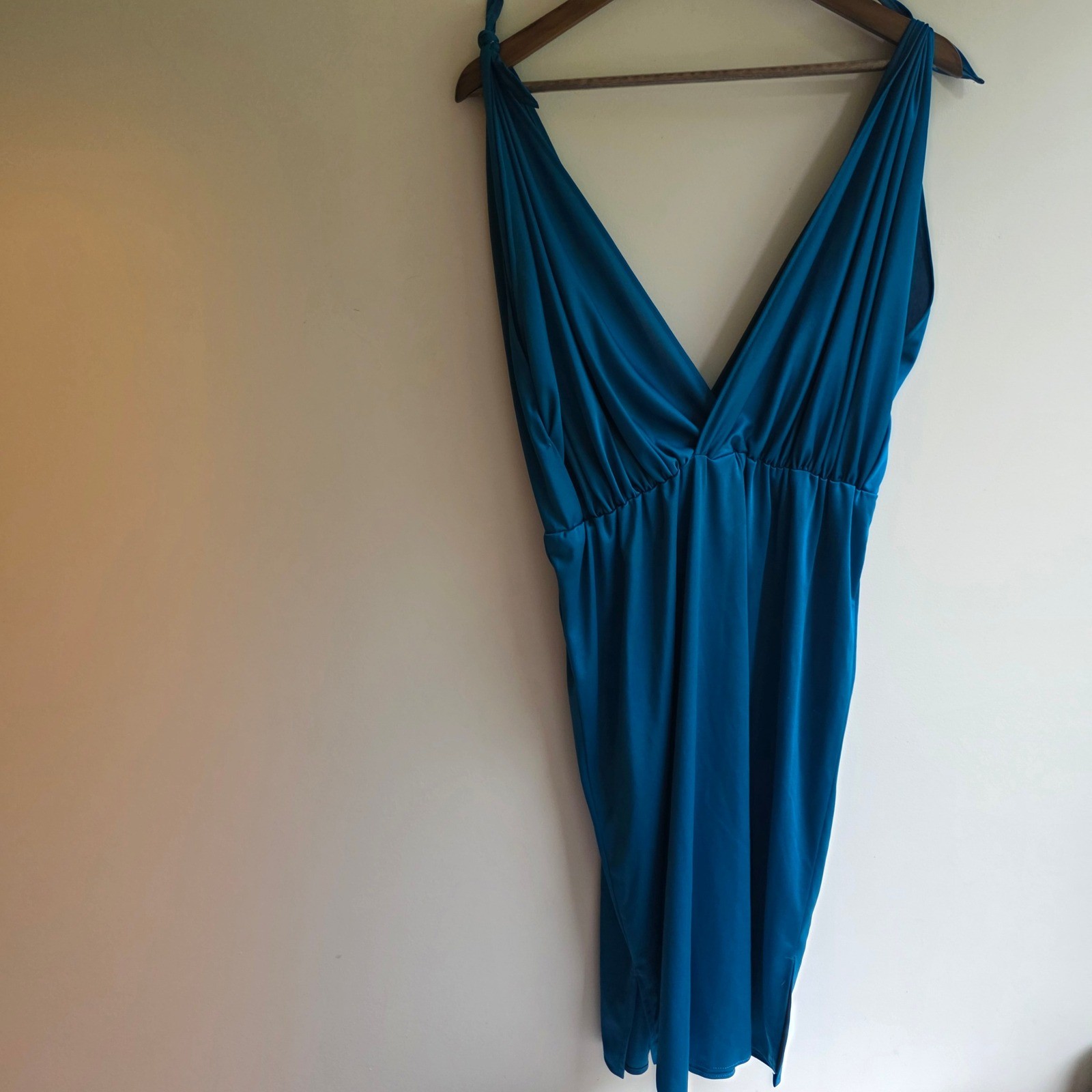 Vintage 60s 70s Union Godess Blue Dress Plunging V-Neck Tie Hostest Lounge