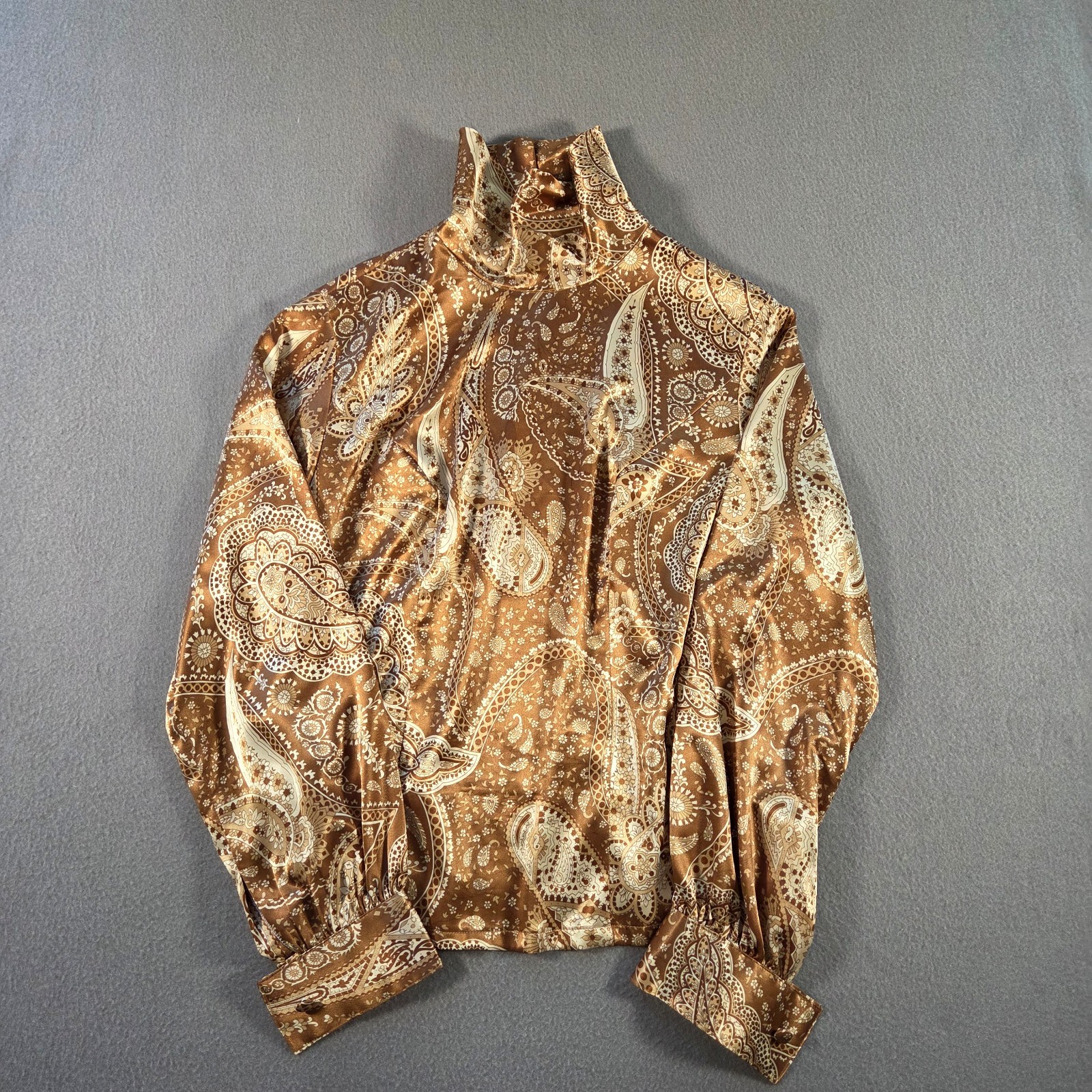 Vintage Satin Blouse Womens Medium Brown Paisley Print High Neck Silky 80s