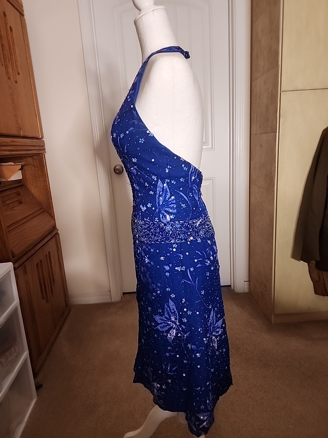 Costume Co Electric Blue Handmade Halter Dress Beaded & Sequins Broadway History