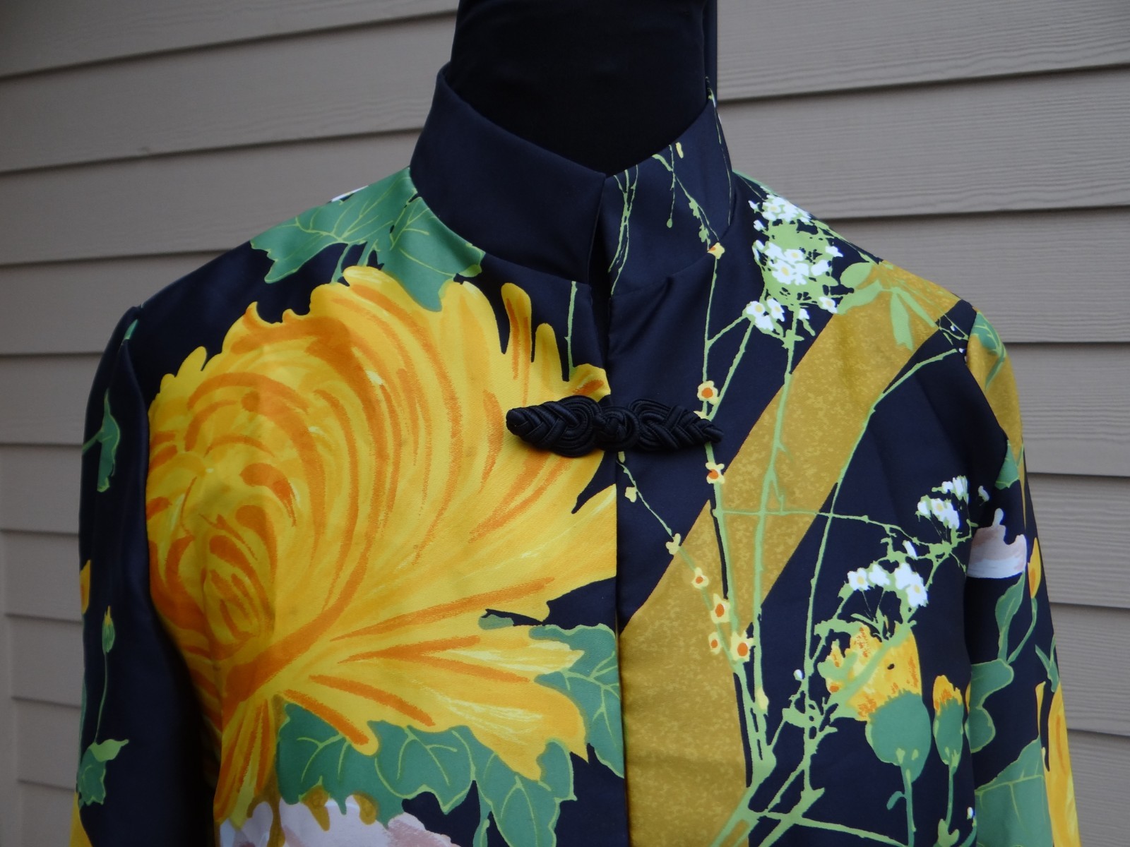 Vtg Alice Of California 1980s Black Yellow Gold Green Asian Style Mandarin Top