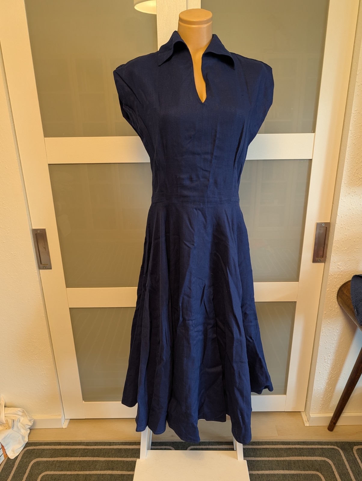 Authentic Vintage Handmade Navy Linen 50s Dress Sz M/L