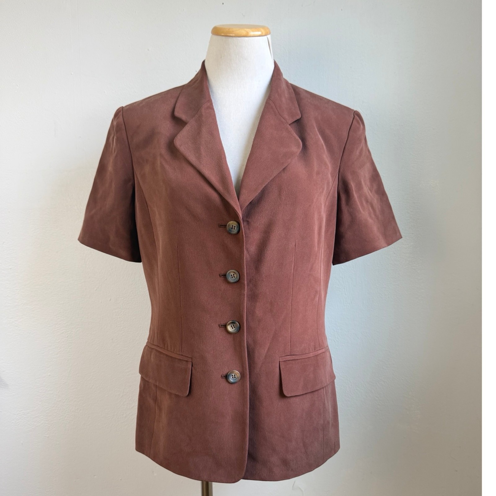 Vintage Mahogany Brown Silk Short Sleeve Blazer Size Small 6 Sport Coat Jacket