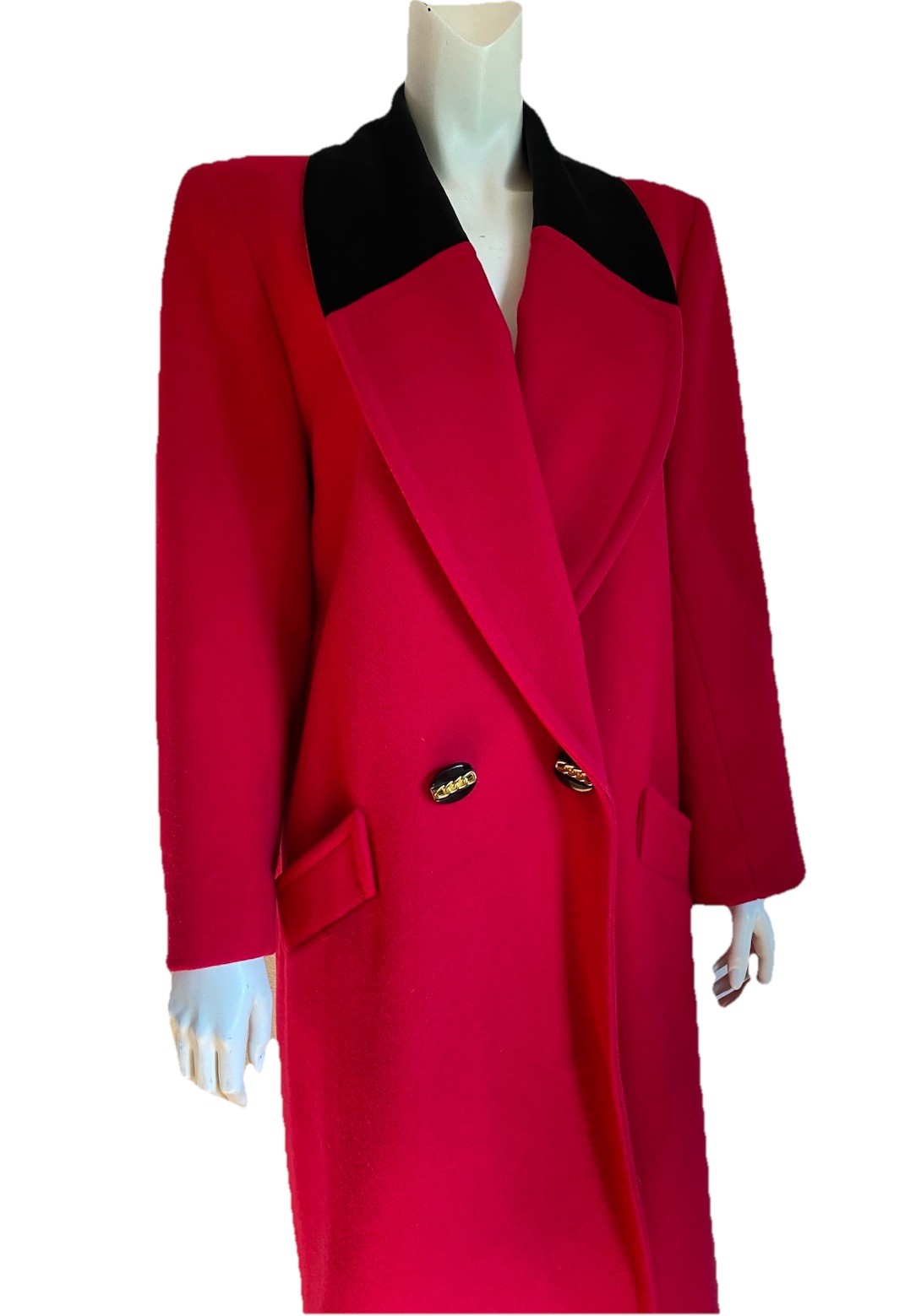 Vintage Equestrian RED WOOL LONG COAT Black Velvet Donnybrook Trench Winter 80s