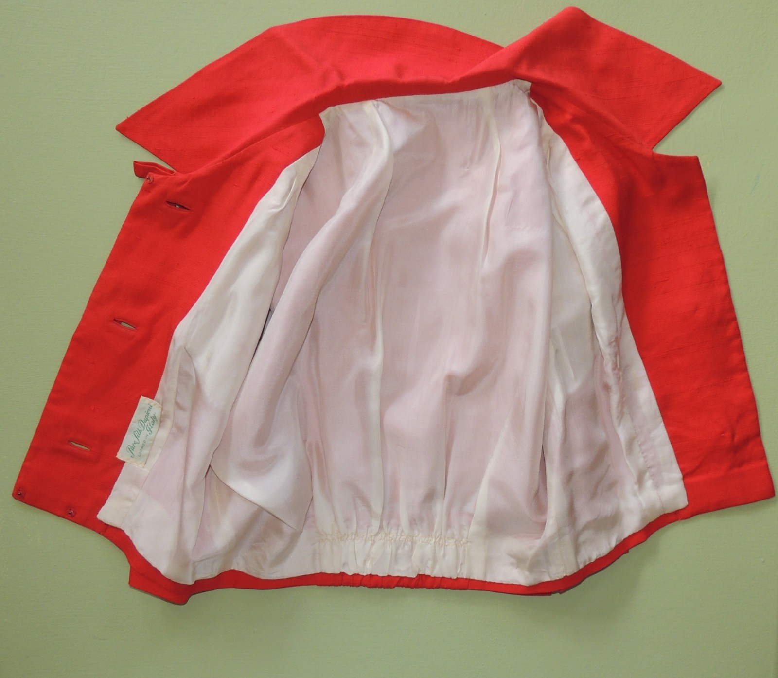S Petite 50s Iconic Red Women’s Skirt Suit Pure Silk Dupioni Loomed n Italy Bows