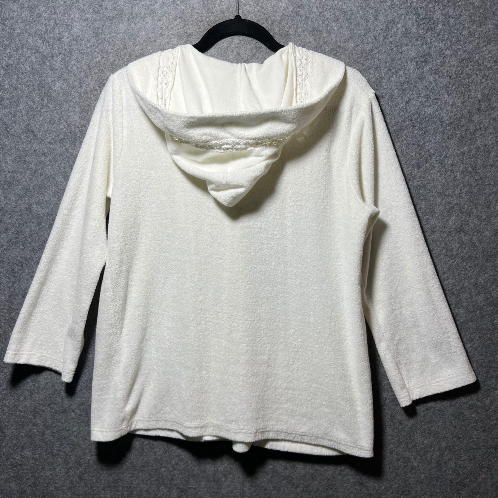 Vintage Sears White Terry Cloth Hooded Cardigan Crochet Lace M Ivory Loungewear