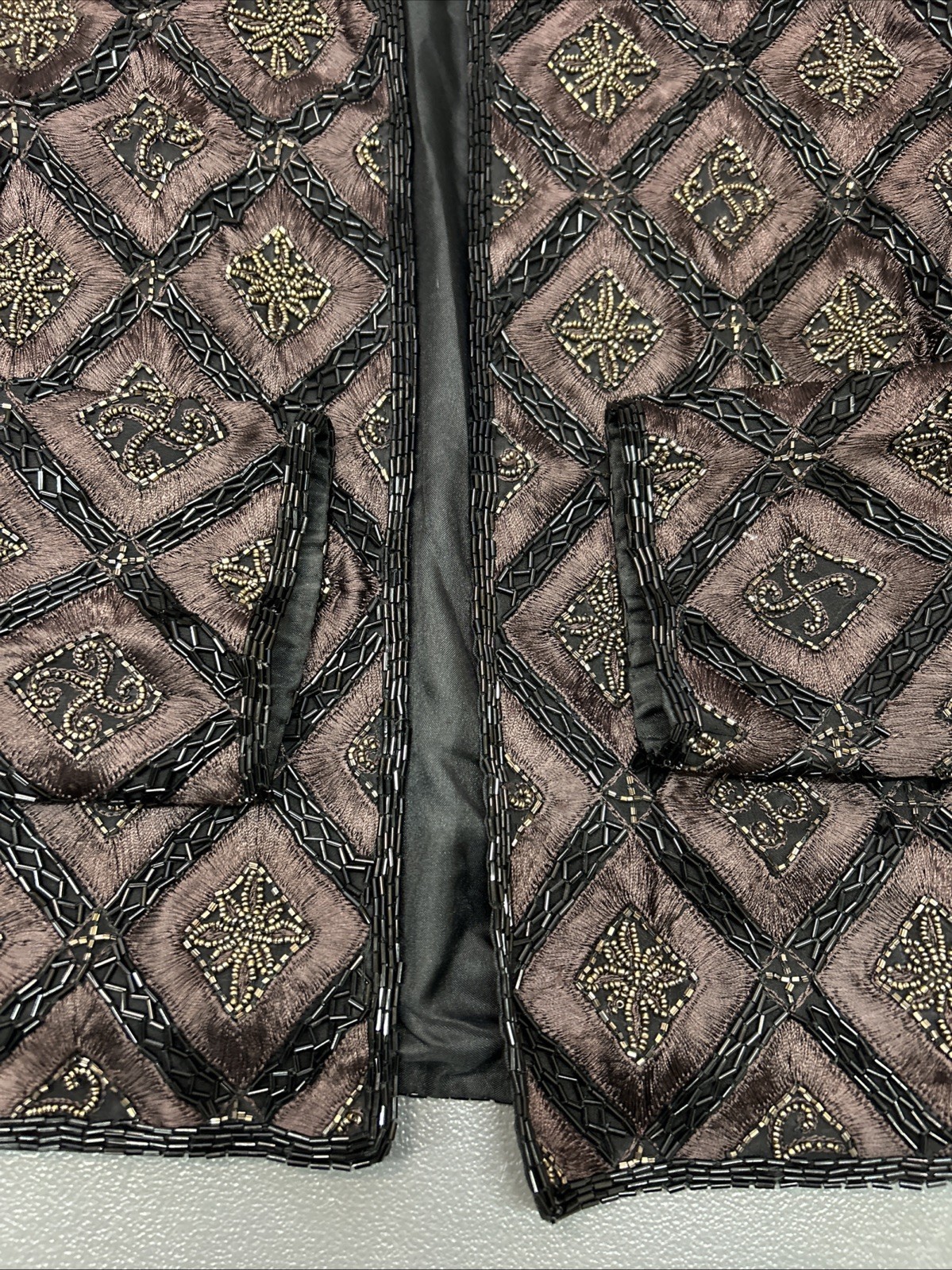 Vintage 1990s Black Tie Oleg Cassini Embellished Beaded Sequin Silk Jacket Sz S