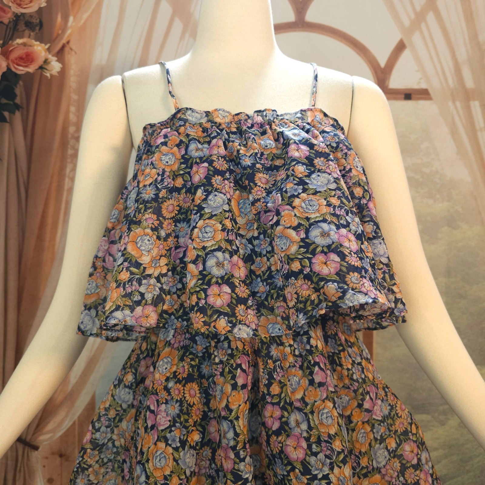 Vintage 1970s Dress Tiered Sundress Spaghetti Straps Muted Floral Samuel Blue