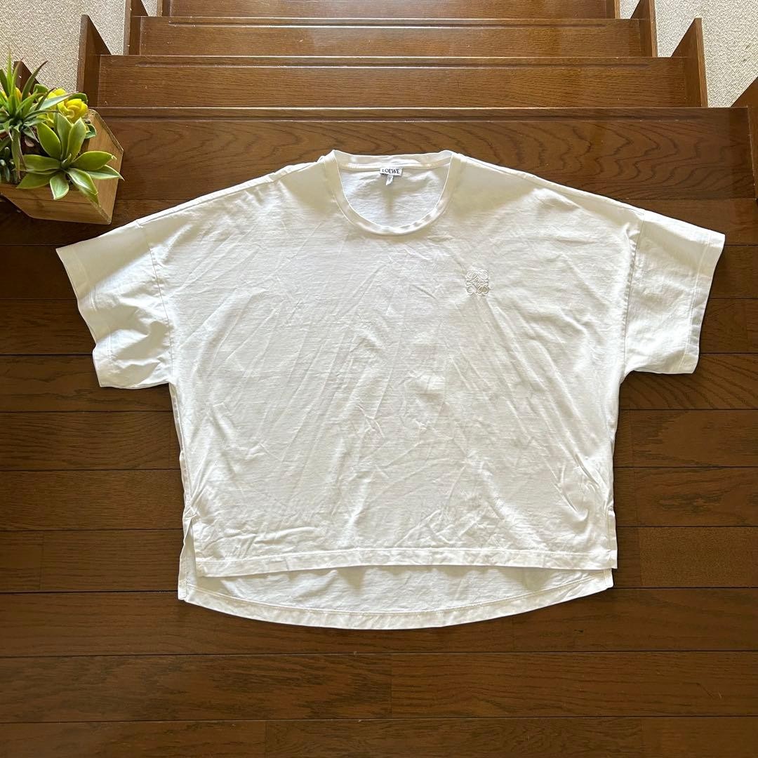 LOEWE Vintage Anagram Logo White T-shirt Top #XS Cotton Short Sleeve Asymmetry