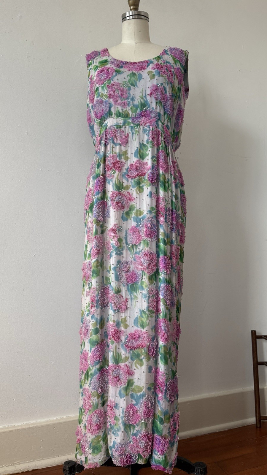 Vintage 1950s 60s Rare Designer Sara Fredericks Hand Beaded Chiffon Evening Gown