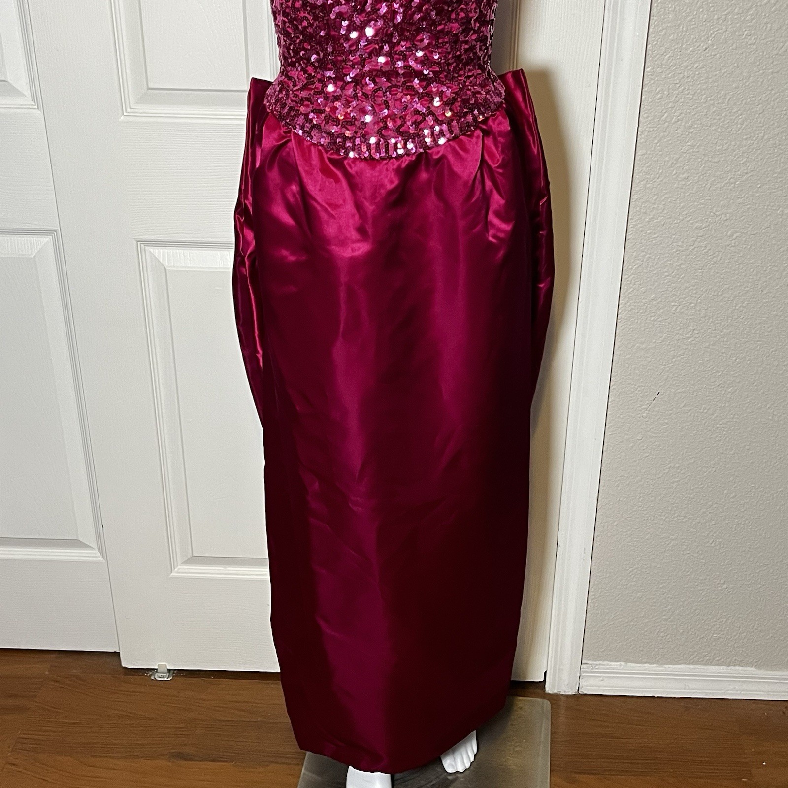 Vintage Mike Benet Satin 60s 70s Hot Pink Prom Formal Dress Sequin Scalloped