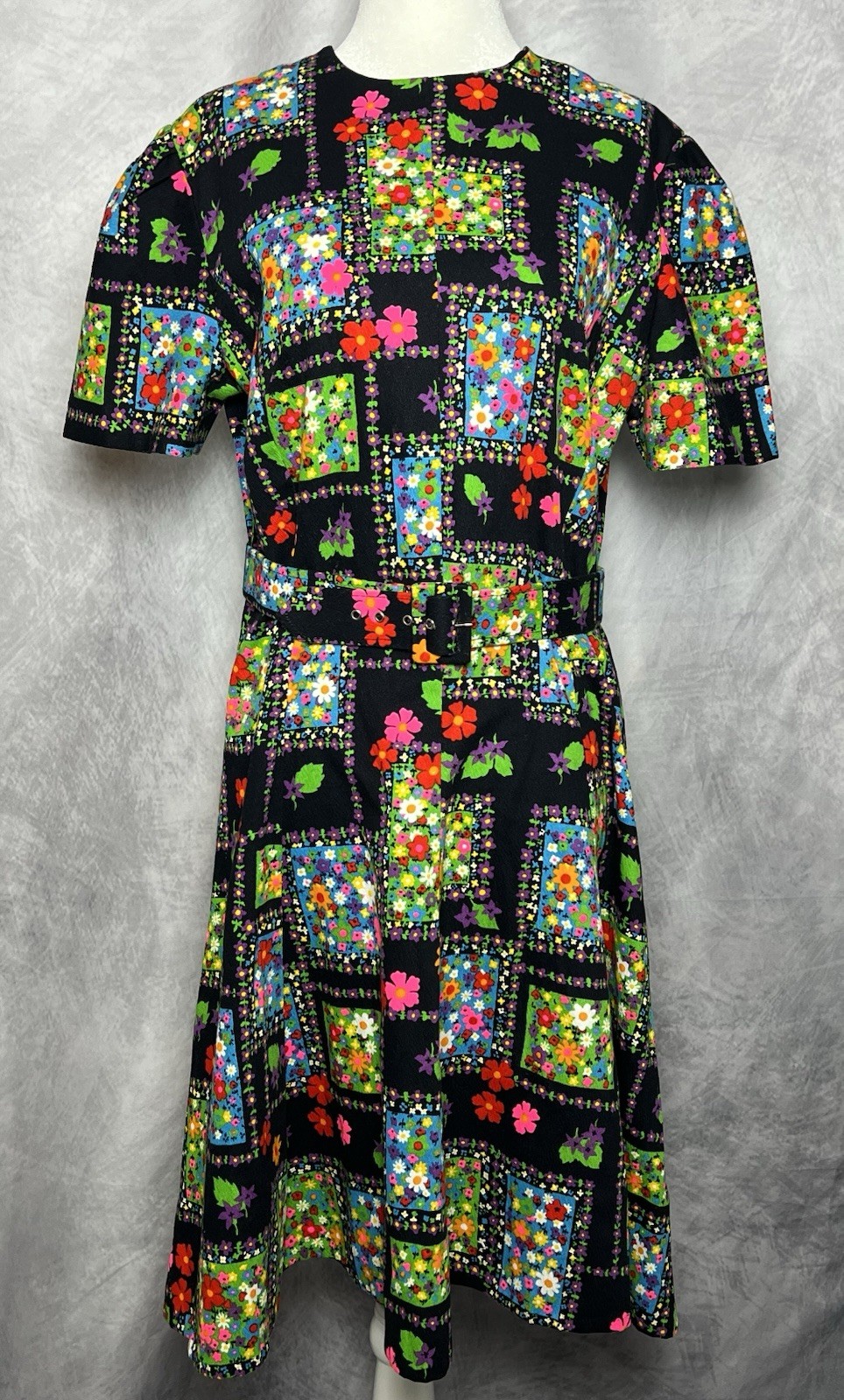 Vintage 1960s A-line Bright Colorful Patchwork Print Flared Dress w/Belt Sz L