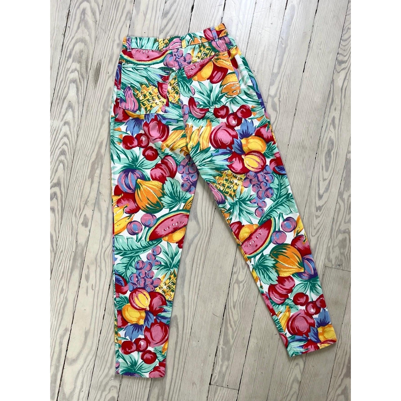 1990s Pants / 90s Rainbow Fruit Print Jeans / Small 25” Waist