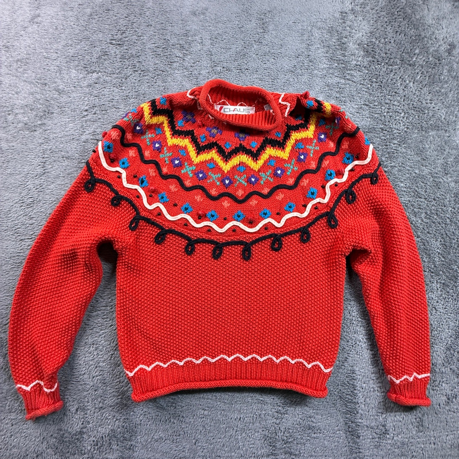 Chaus Knit Sweater Womens S Red Excellent Vintage Embroidered Holiday Chunky