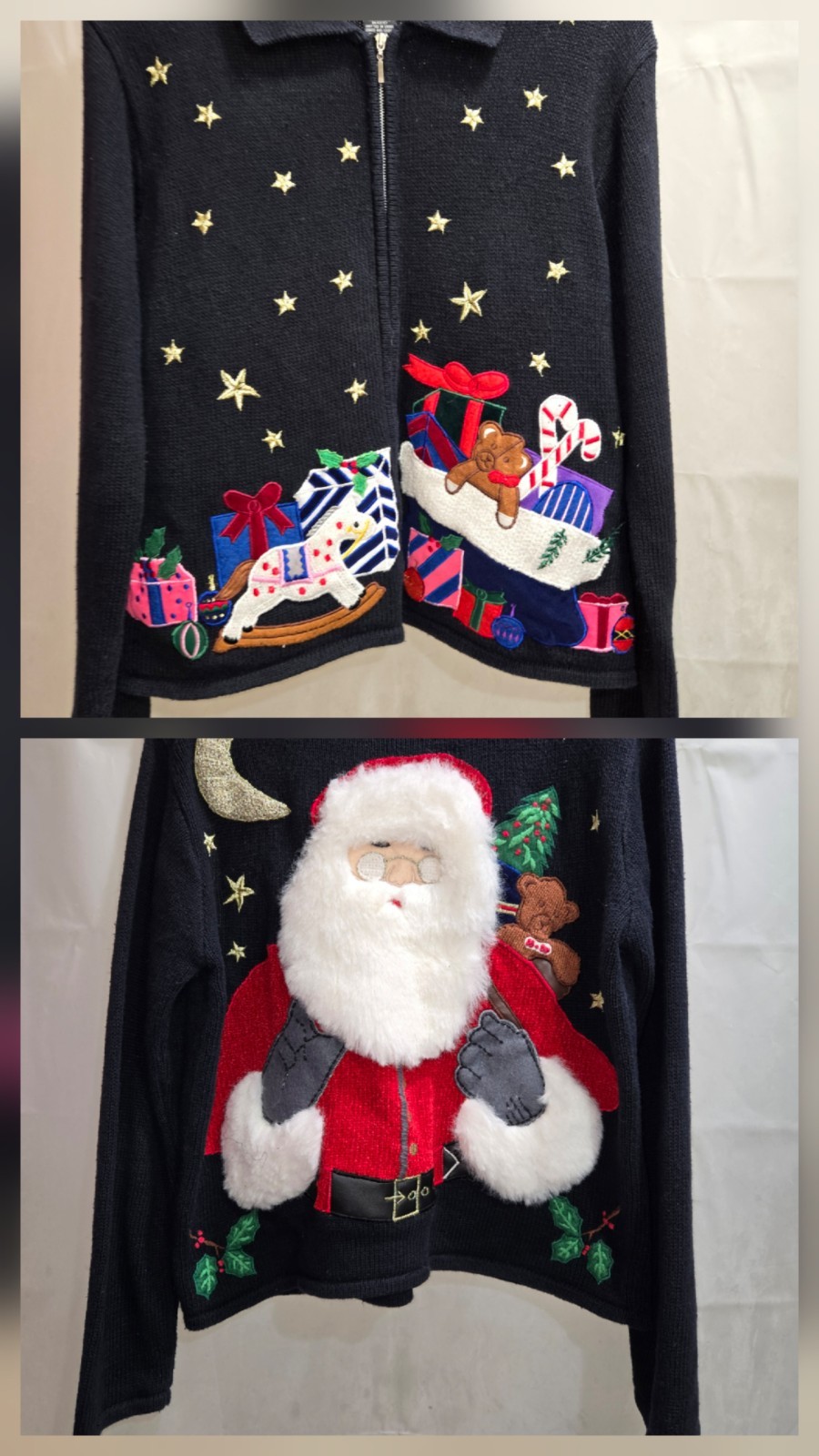 Vintage Women’s Hampshire Studio Blue Christmas Zip Sweater Presents Santa MED