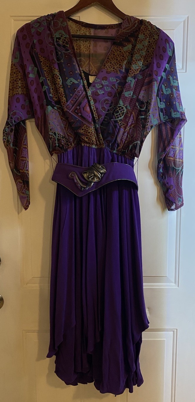 Vintage Spencer Alexis Purple Dress with Belt Geometric Print Sheer Womens 8