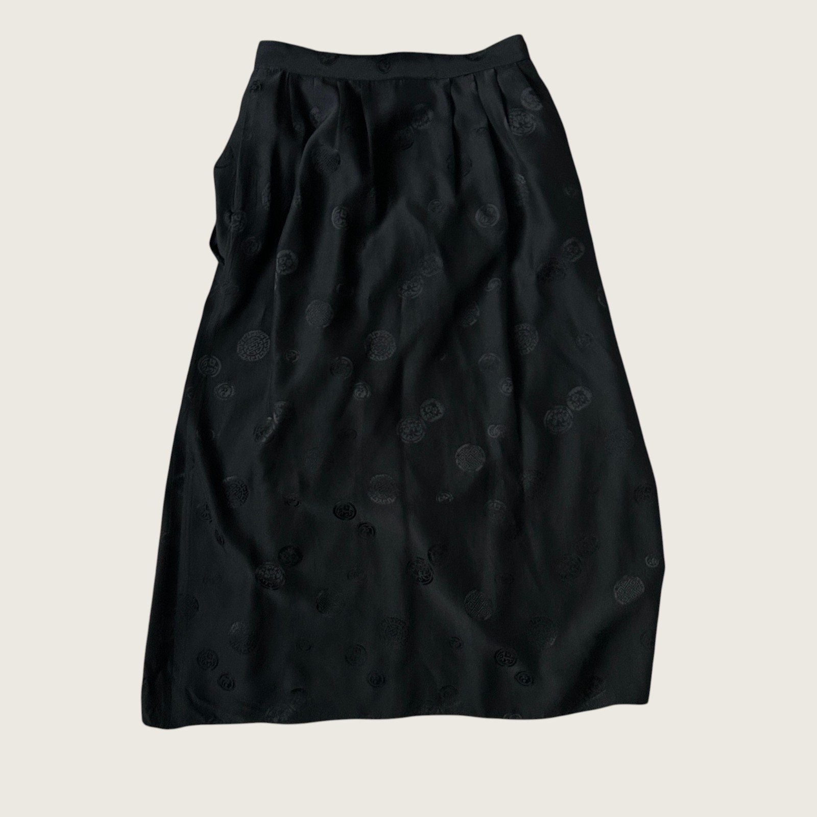 Vintage DBA Black Silk Embossed Pattern Midi Skirt Button Front Asian Inspired