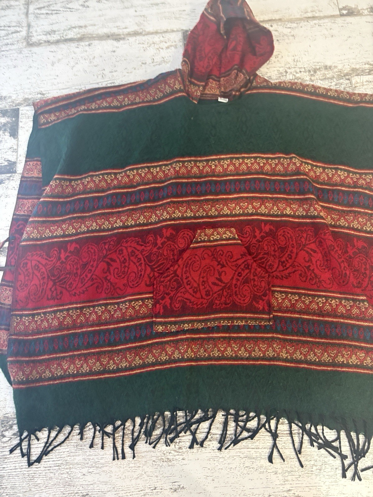 Vtg 70’s Aztec Boho Hooded Fringed Poncho One Size Indian Red Side Tie