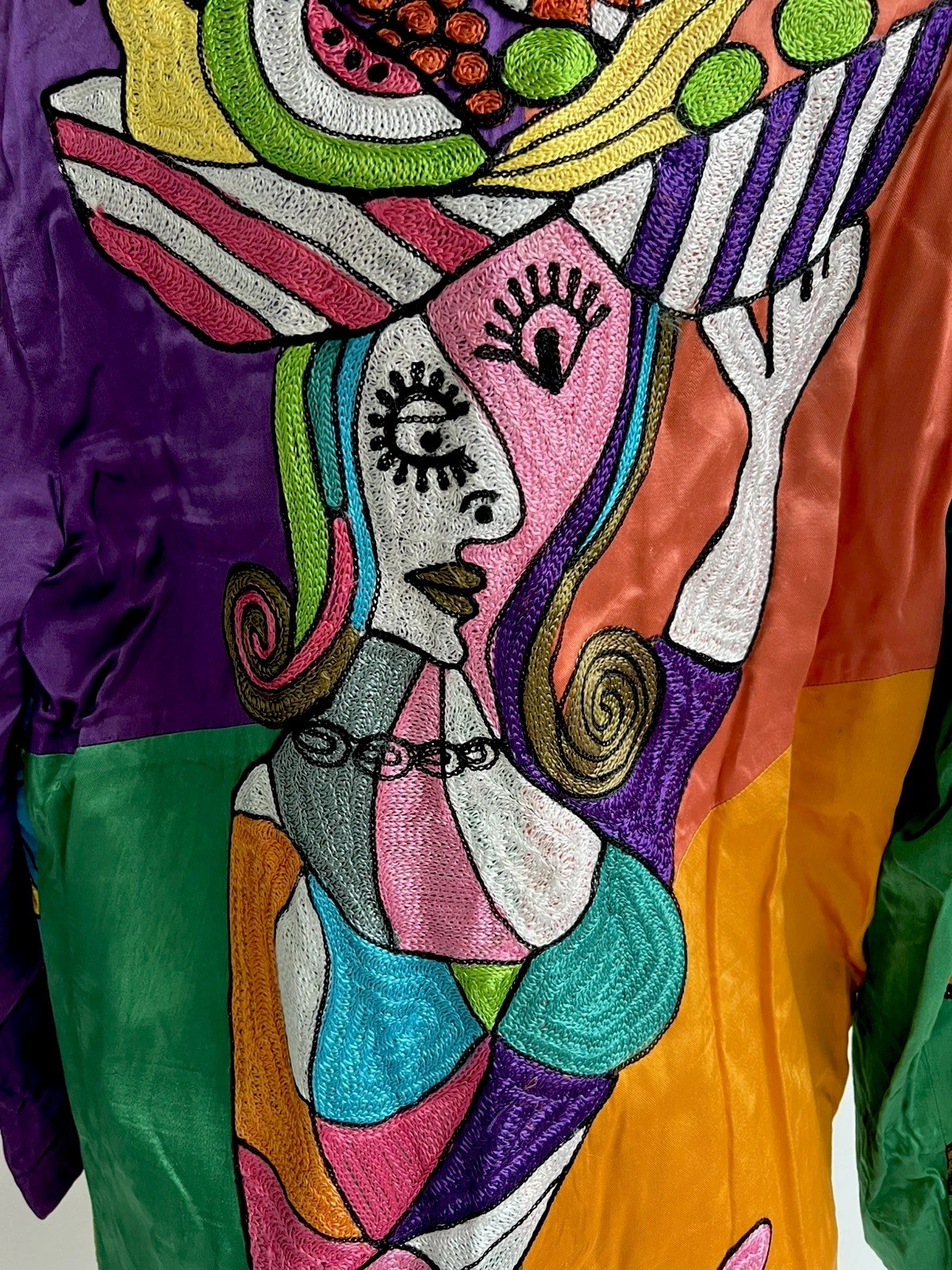 Vintage 80 Sandy Starkman Wearable Art Jacket Picasso Cubist Embroidered S Rayon