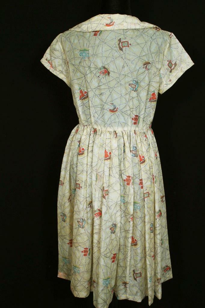 RARE VINTAGE FRENCH 1960’S YELLOW NYLON ANTIQUE SHIP PRINT DRESS SIZE 8+
