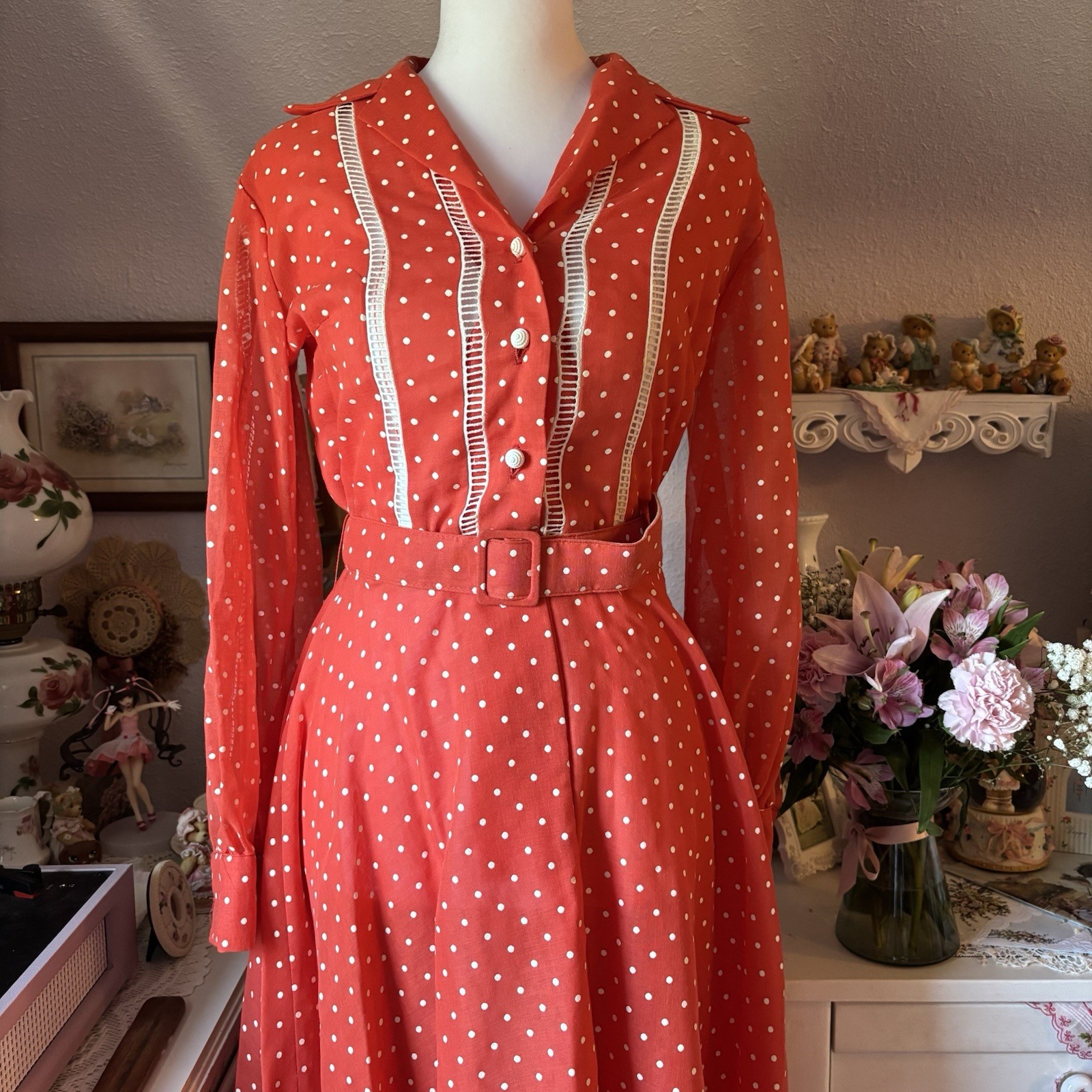 Vintage Avalon Red/White Polka Dot Shirt Dress Long Sleeve Collared Belt Size 12