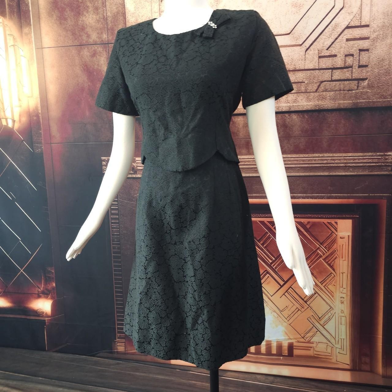 Black Berkshire Damask Layered Dress Gown Vintage 1960s Jacquard Bow Rhinestone