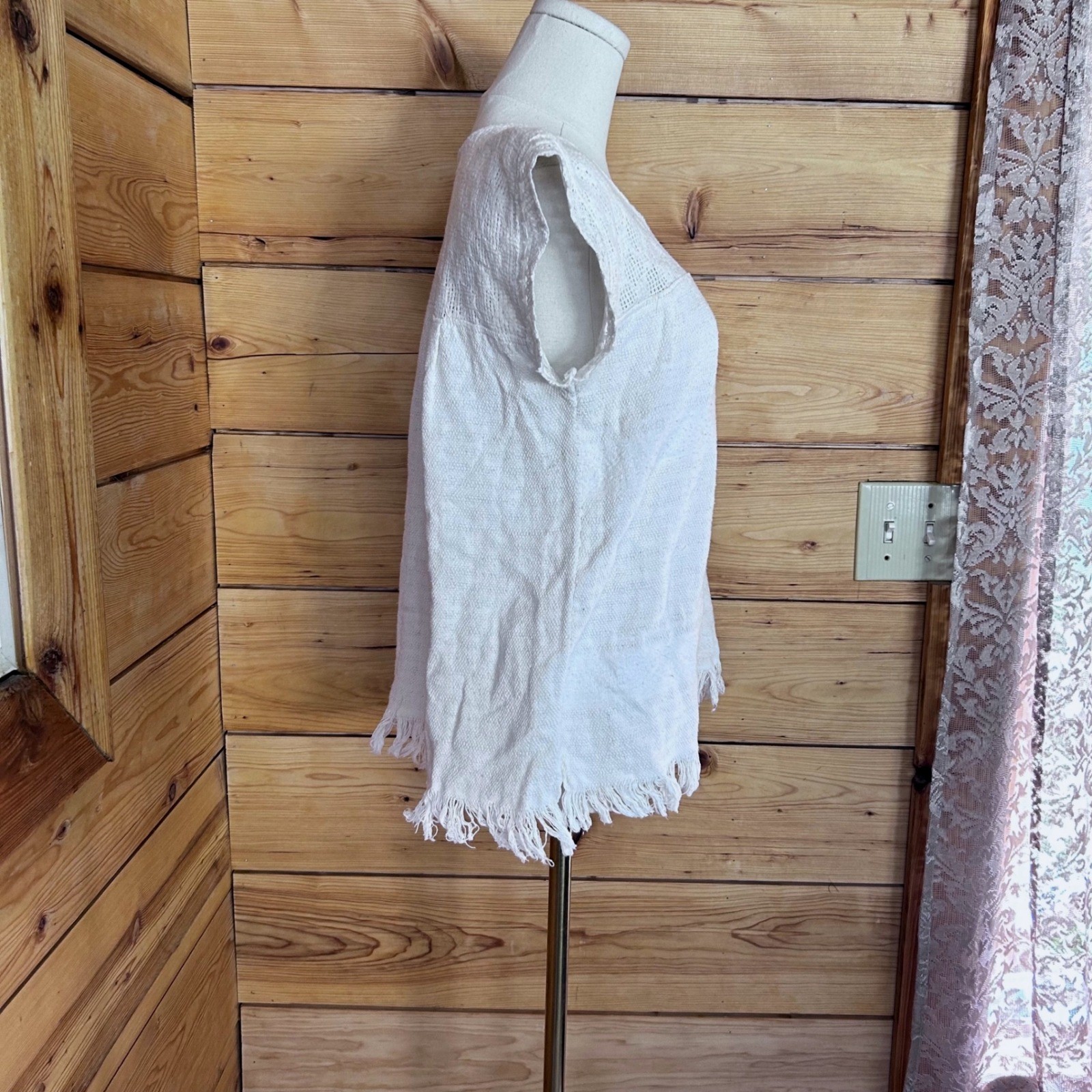 Vintage Blouse Women Large White Raw Cotton Tunic Crochet Lace Fringe Handmade