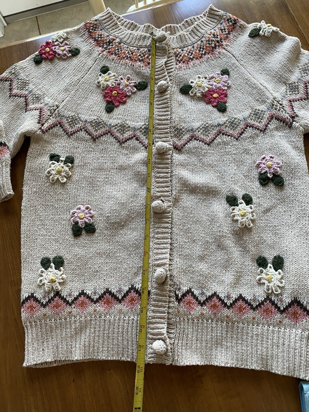 Cardigan Sweater Vintage Knitted Floral Off White Cream Color