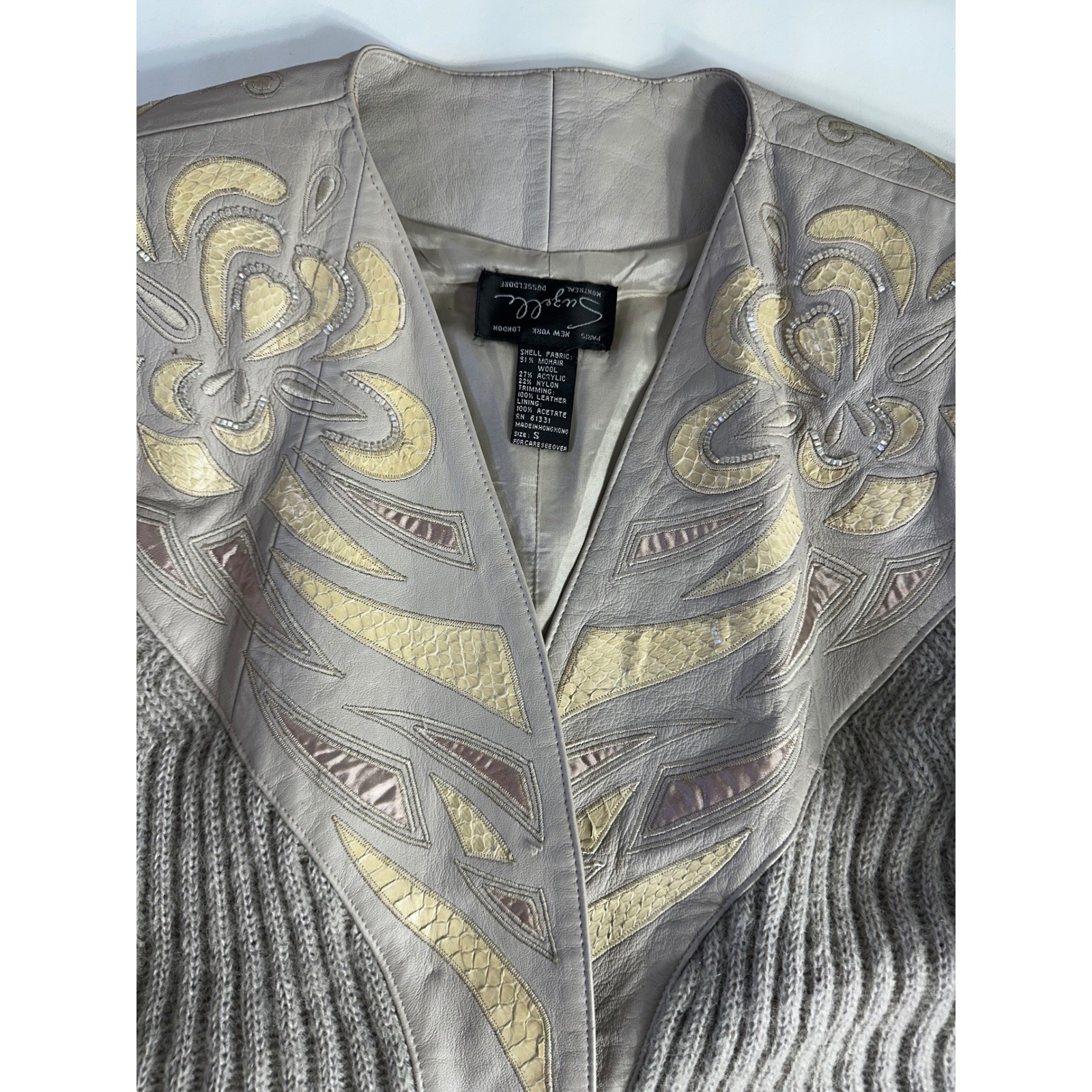 Suzelle Sz Sm Vintage 80s Mohair Wool Snake Leather Cardigan Jacket Gray Sweater