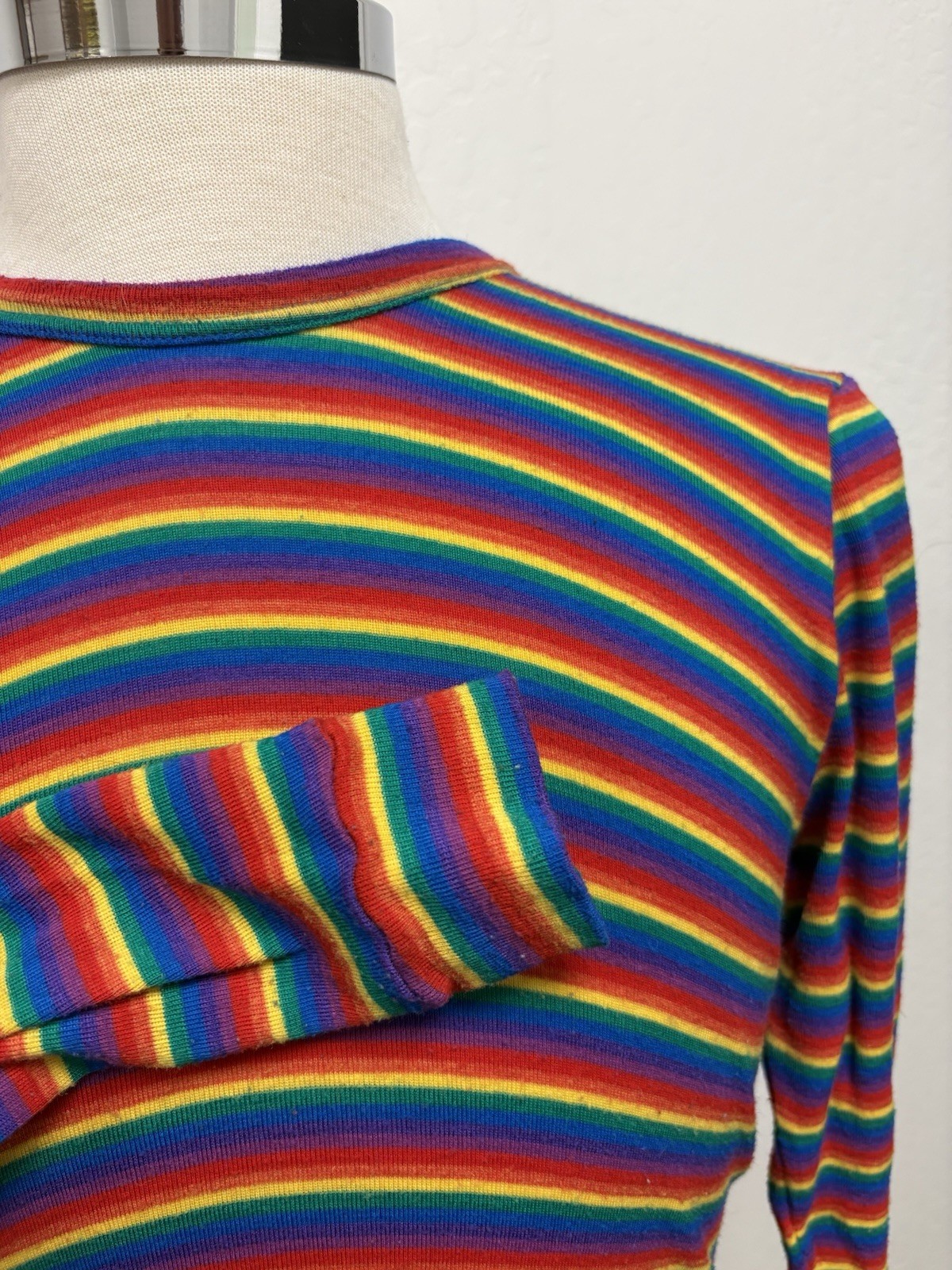 Vintage 1970s Rainbow Striped Long Sleeve Thermal Shirt Large Polyester
