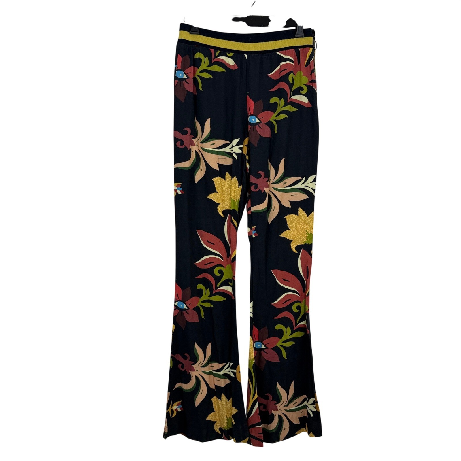 Farm Rio Pants Womens XS Calla Retro Floral Flare Eyeball Boho Side ZIp 26×31.5