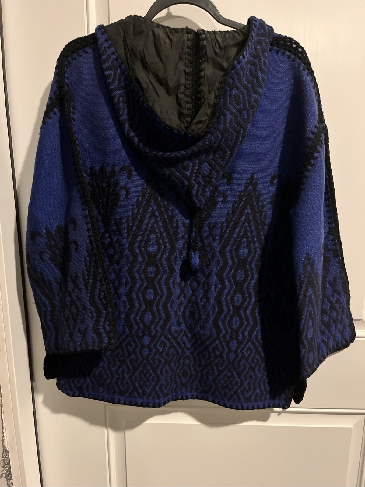 Vintage Woman’s Knit Crocheted Blue & Black Poncho Jacket Wool Cotton Lined