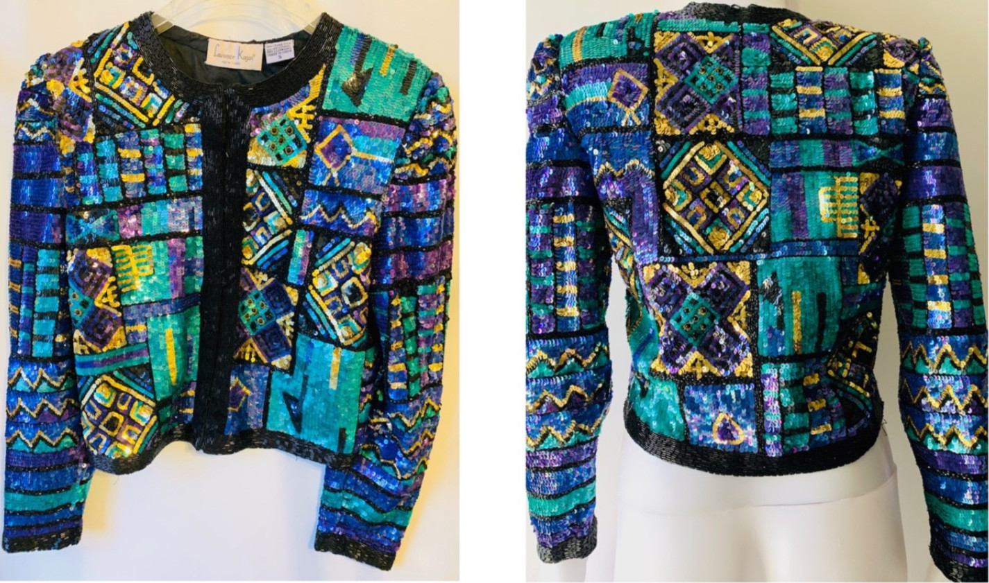 Vintage Jacket Lawrence Kazar Blue Green Silk Sequin Beaded Festival Party SMALL