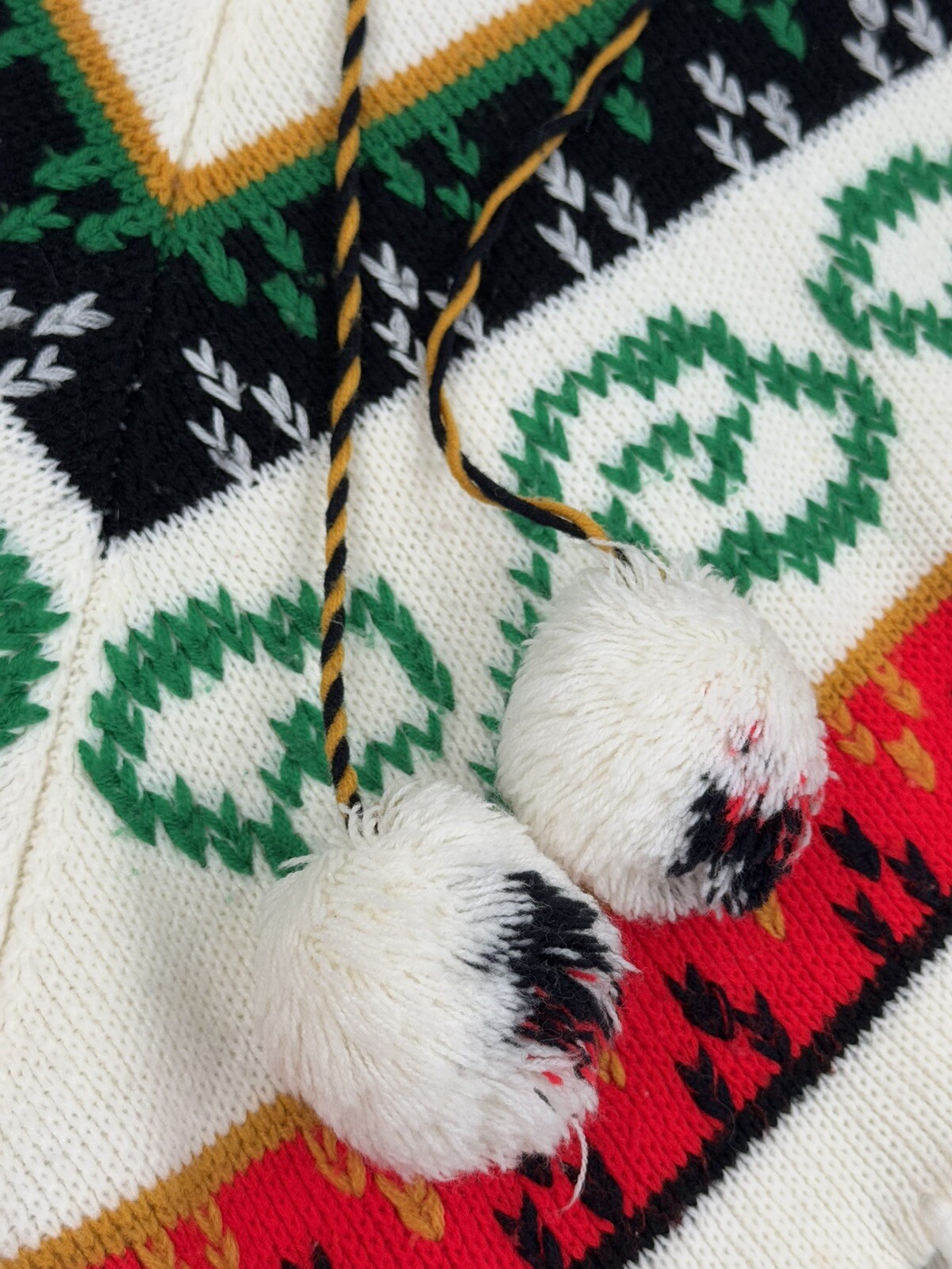 Vintage 70s Knitted Poncho Sweater Tassels Bohemian Hippie Pom Poms