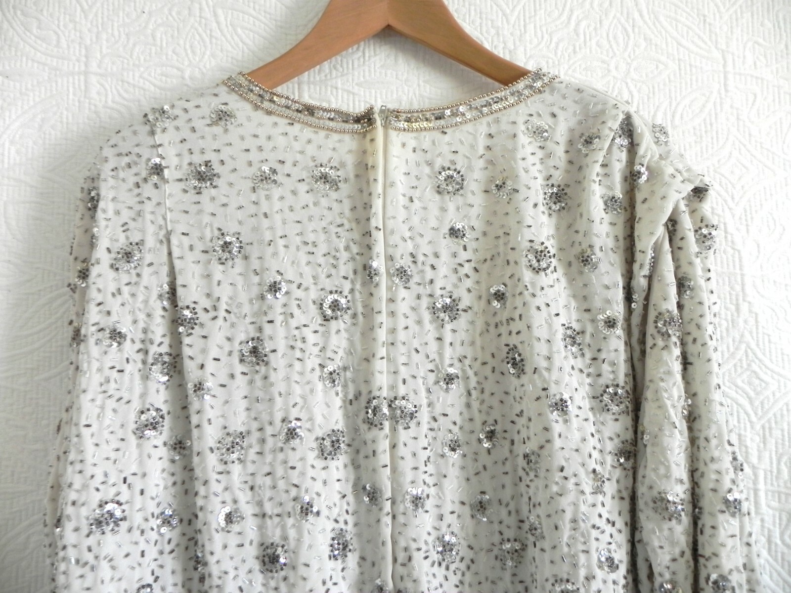 Vtg Jack Bryan Tunic Sequin/Bead Chiffon Lined Long Sleeve Ivory Over-Sized 12