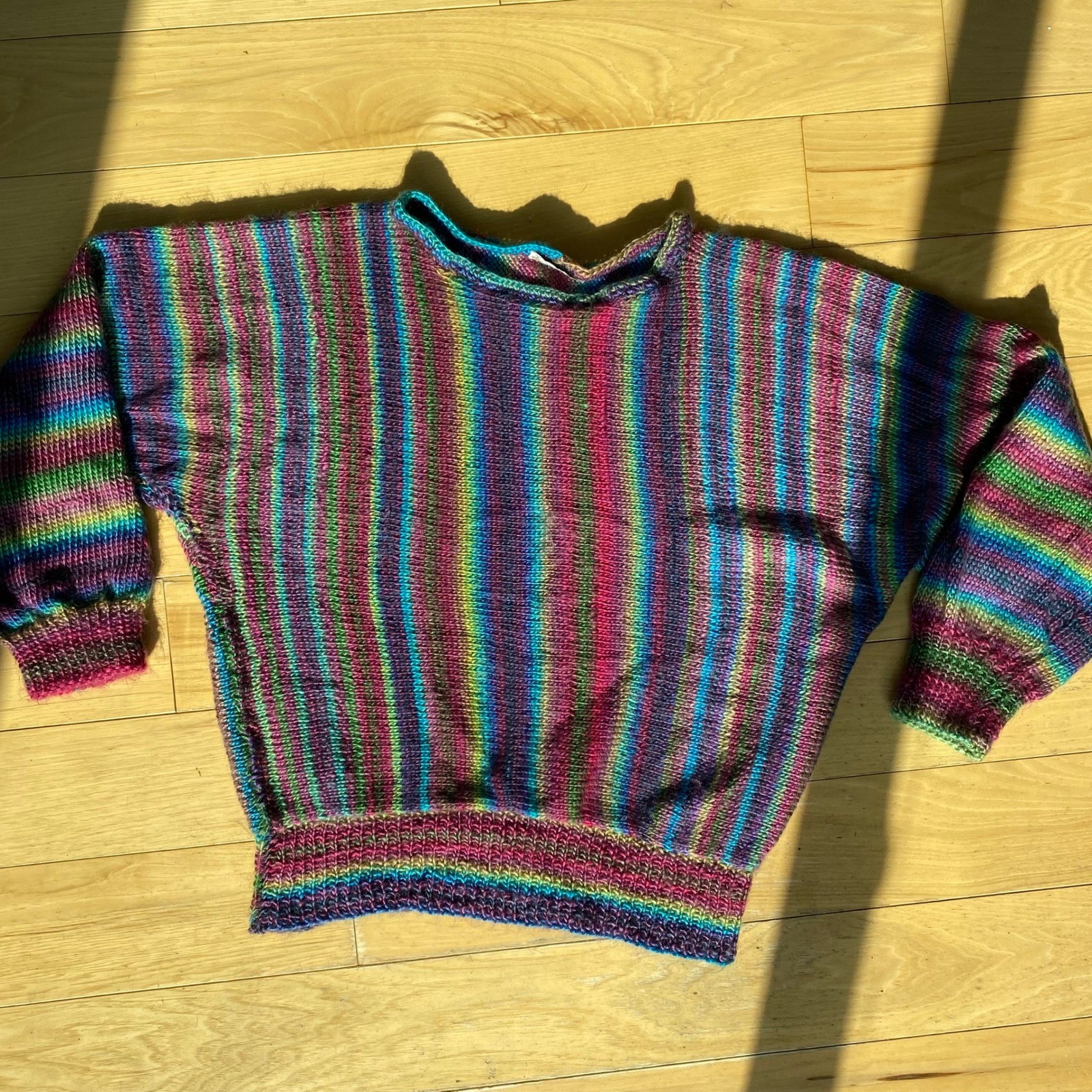 VTG Handknit Colorful Striped Balloon Sleeve Bubble Hem Sweater Twee Grandmacore