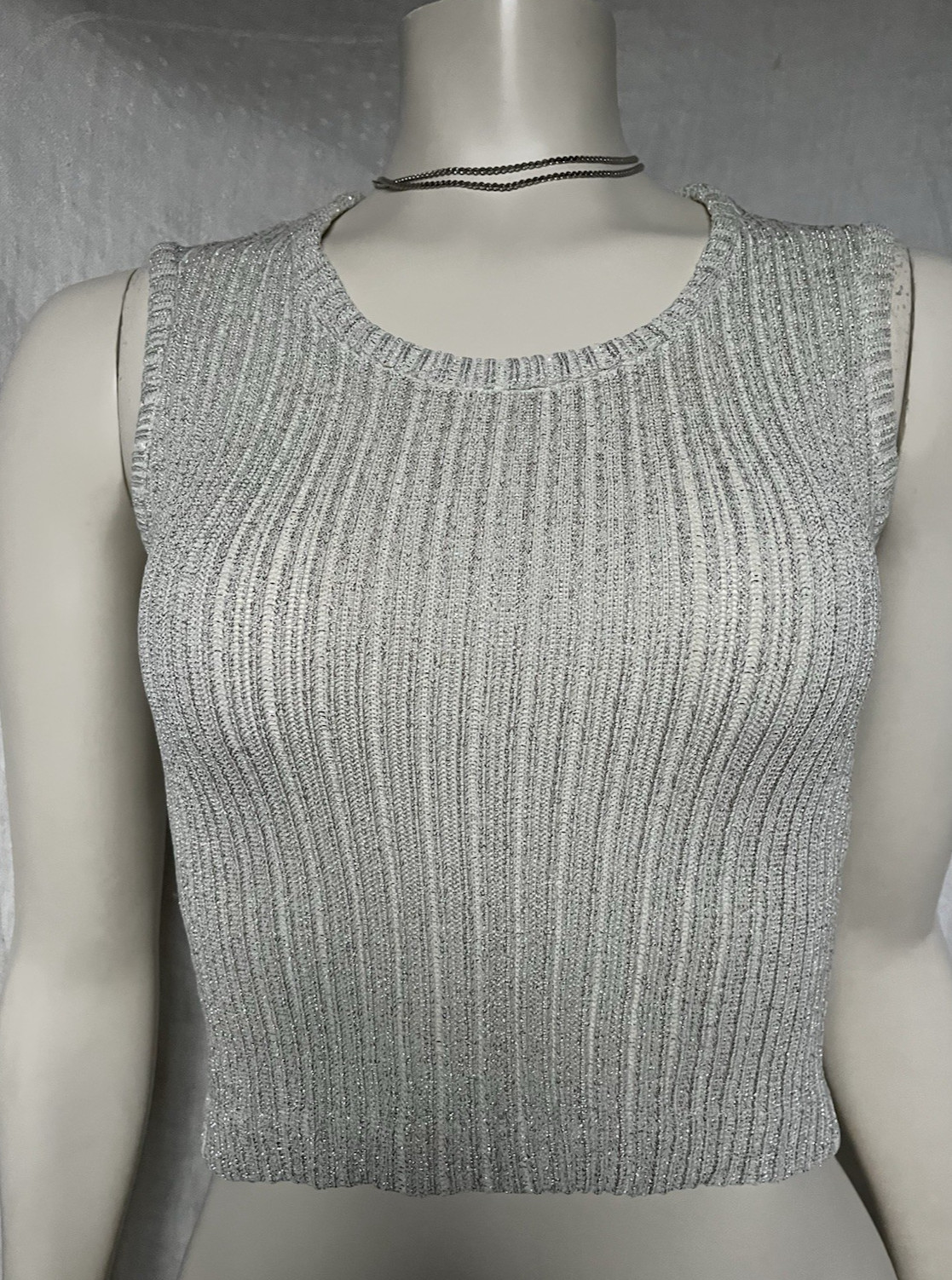 Vintage 70s Disco Top Sexy Silver Metallic Stretch Crop Glam Studio 54 Club XS/S