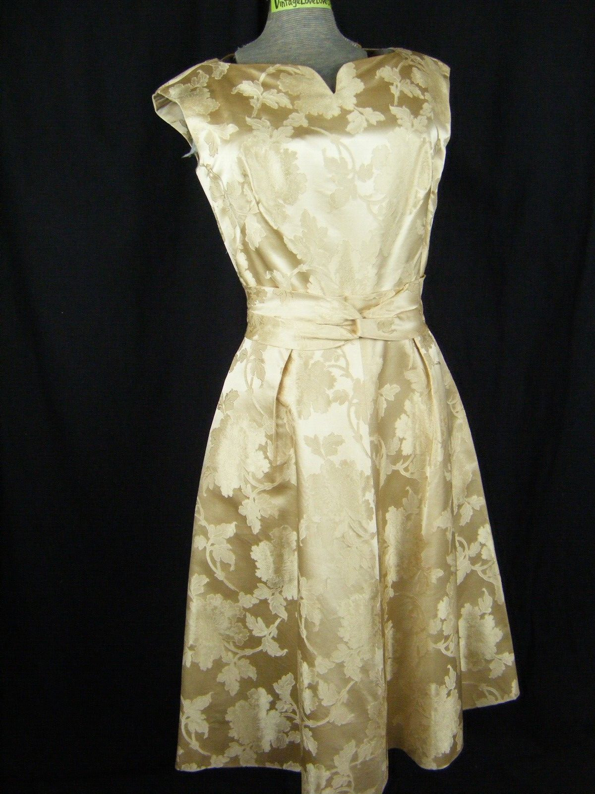 DYNASTY Vtg 50-60s Golden Floral Brocade Pure Silk Full Dress-Bust 37/2XS-XS