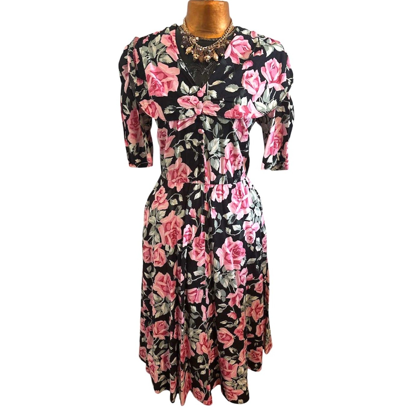 Vintage 1980s Tiona Barrie Pink Black Floral Dress Short Sleeves Size 12 Made US