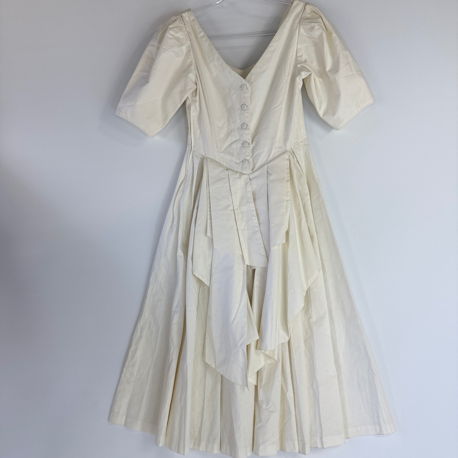Laura Ashley Dress Womens 10 Cream Vintage 80s Cotton Puff Sleeve Midi V-Neck