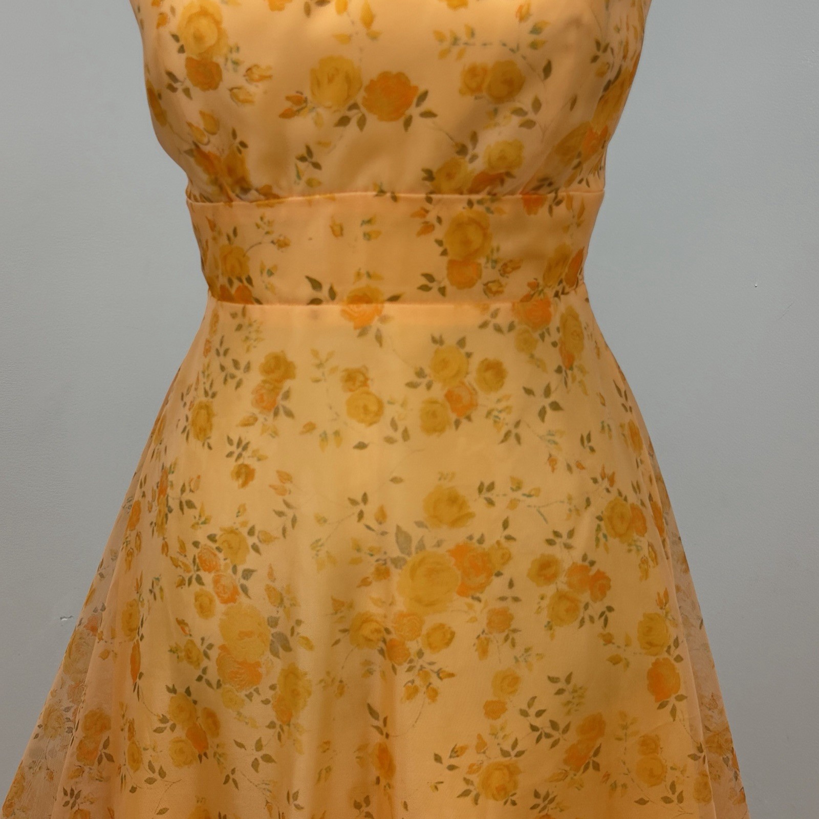 VTG 70s Maxi Dress S Floral Convertible Ruffle Cascade Bustle Train ILGWU USA