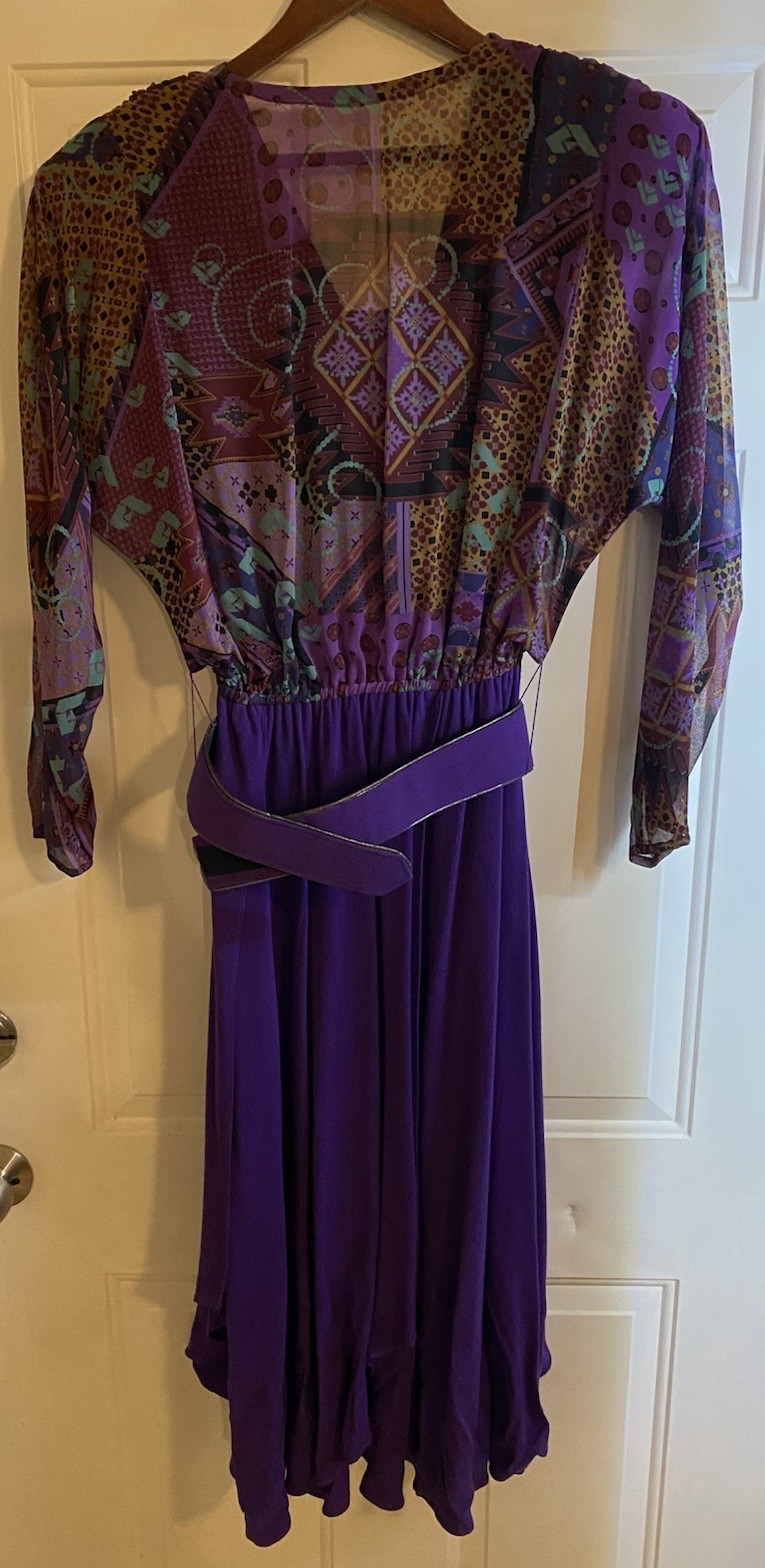 Vintage Spencer Alexis Purple Dress with Belt Geometric Print Sheer Womens 8