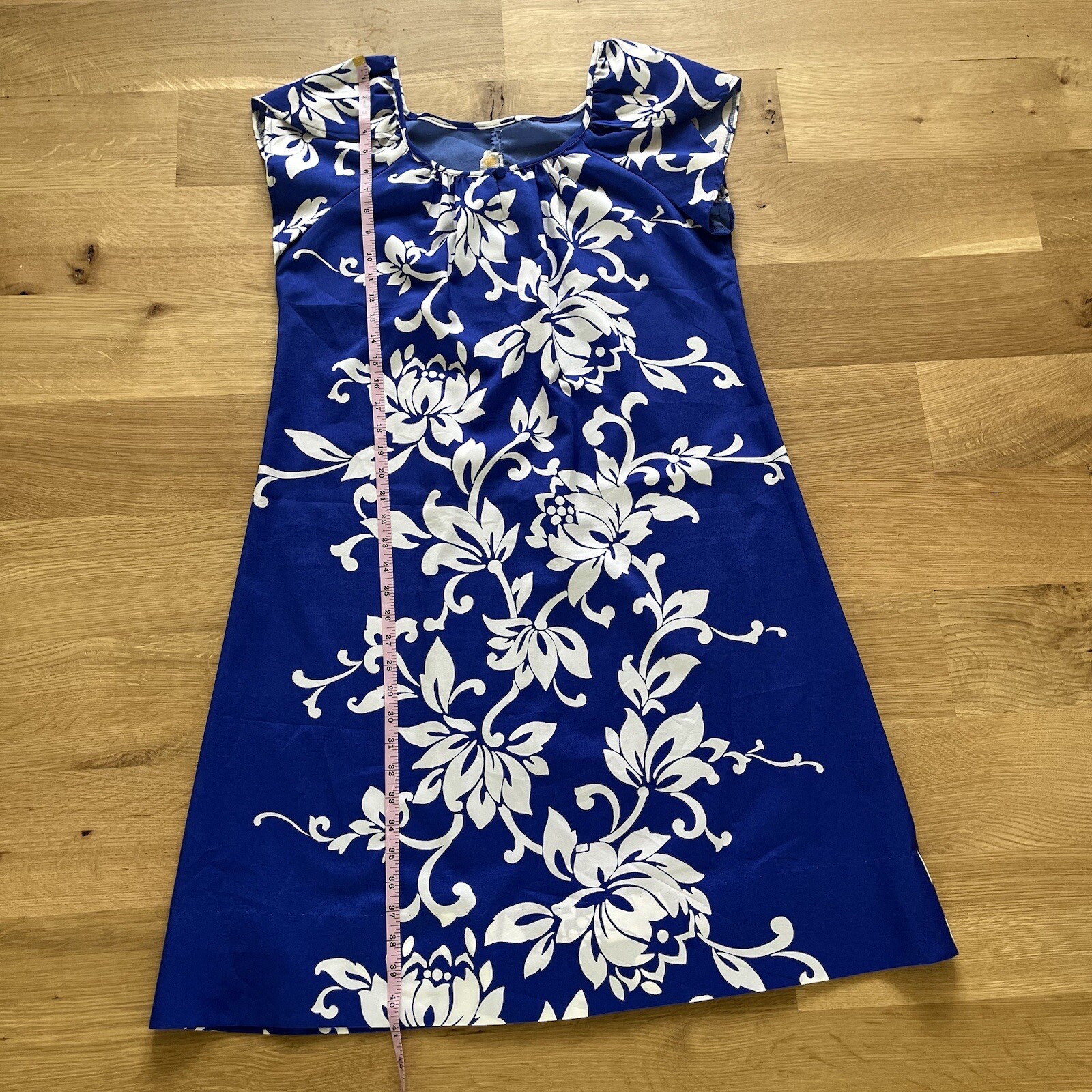 Vintage 60s Andrade Womens Hawaiian Midi Dress Classic Florals Blue White