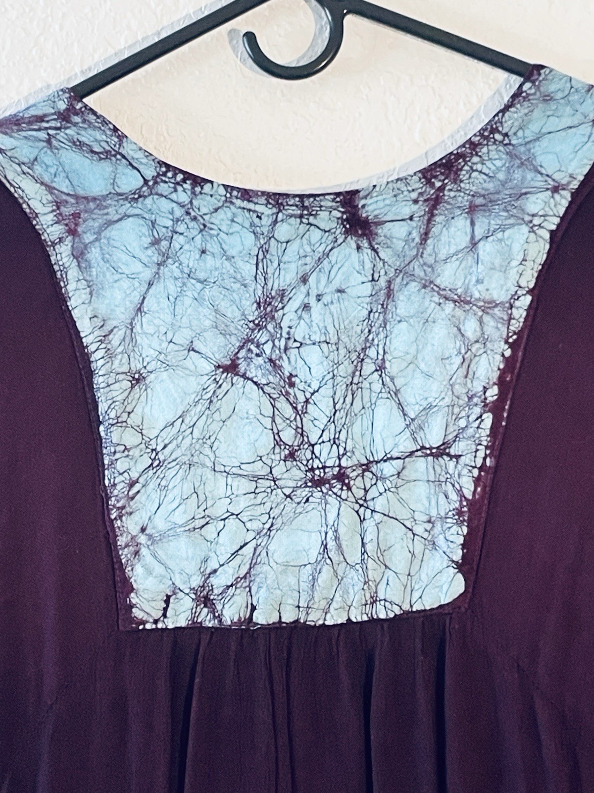 Vintage Deep Plum & Teal Batik Embroidery Crinkle Rayon Ethnic Hippie Top