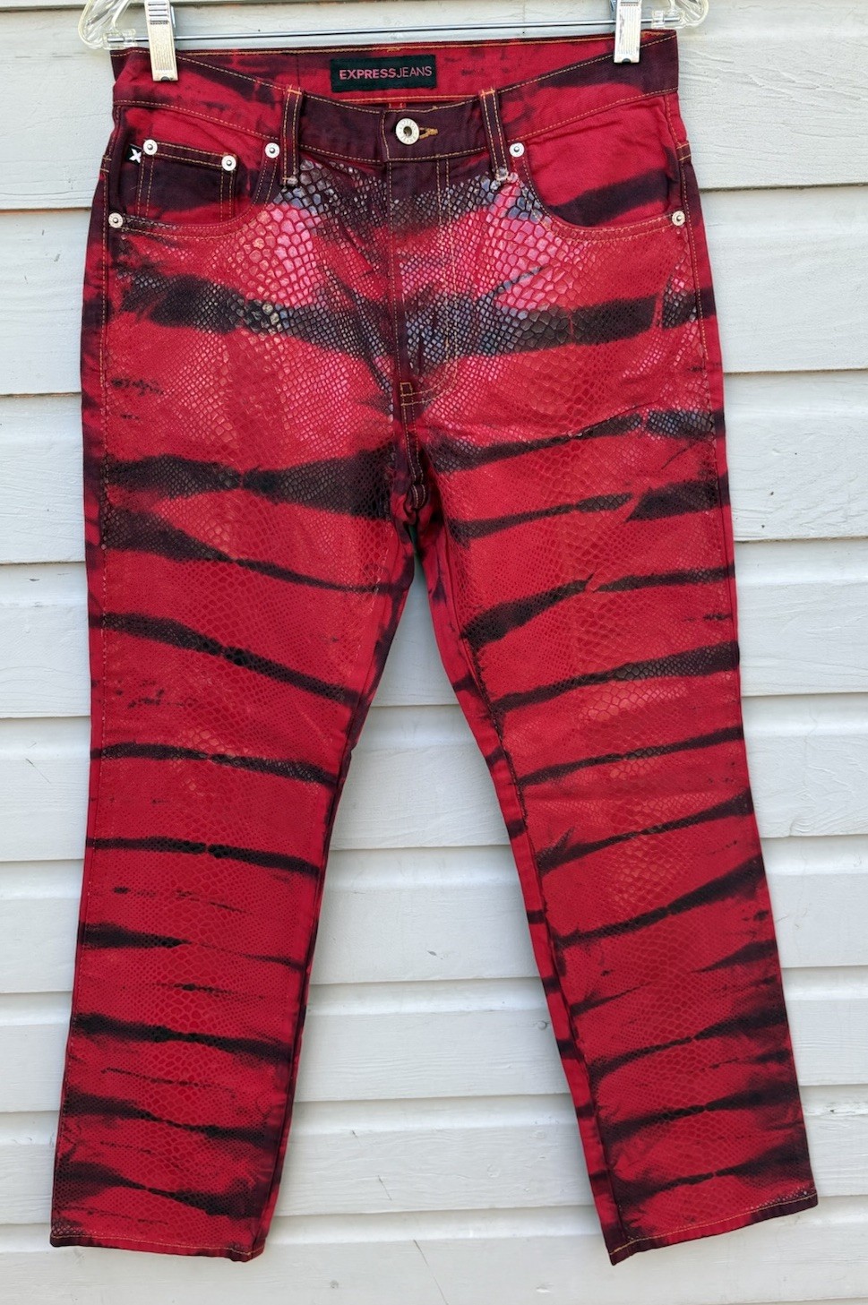 VTG 90s Y2K EXPRESS Jeans Red Faux Snakeskin Python Striped Denim Jeans 5/6 USA