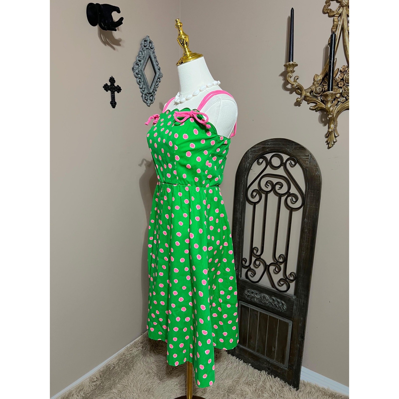 Vintage 60s 70s Green & Pink Polka Dot Tank Sundress Colorful Retro Mod Size S