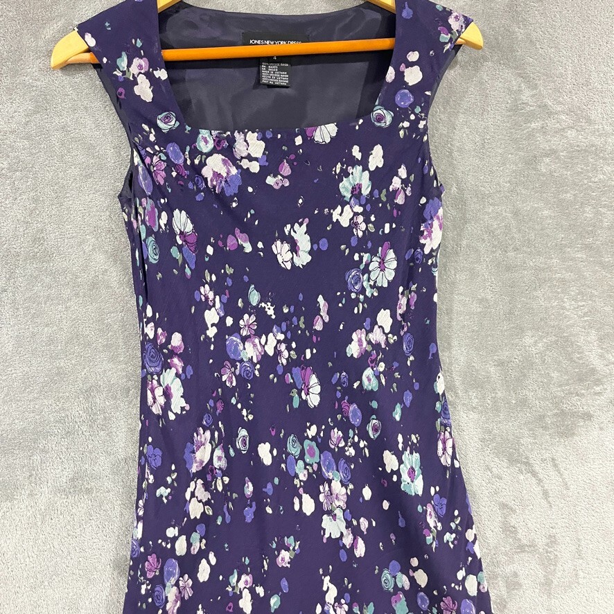 Vintage 90s Jones New York Florla Purple Square Neck Dress Sundress Sheath Sz 4