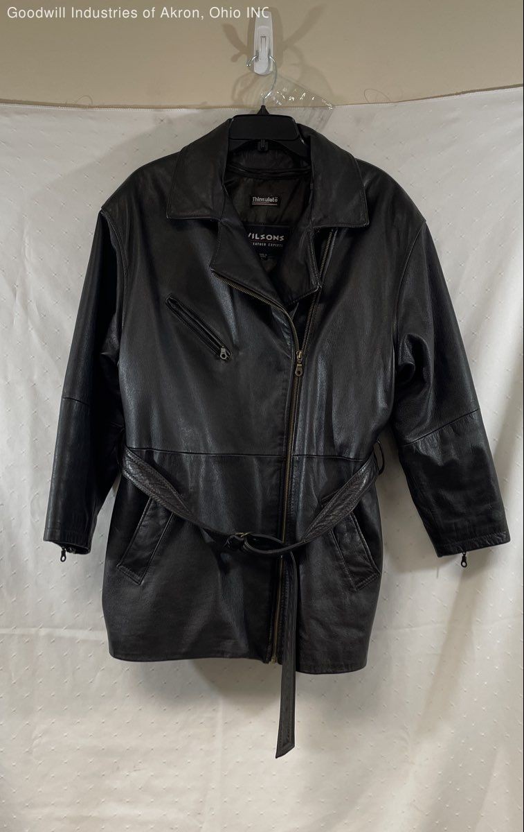 Vintage 90s Wilsons Leather Women’s Black Moto Biker Jacket Belted Thinsulate L